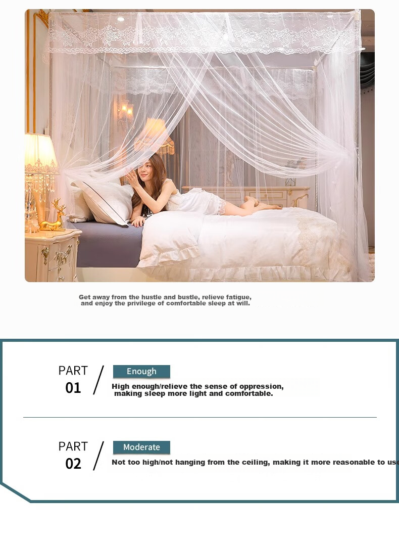 AVIVI Mosquito Net for Home Use, Square Top Mosquito Net with Three Doors, Mosquito Net Frame 1.8x2 Meters White Shadow Moon Lotus [Stainless Steel Frame] 7