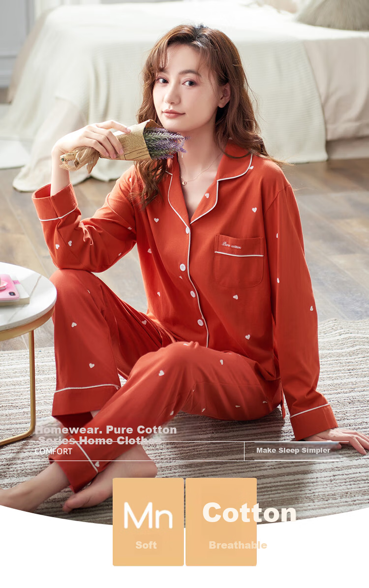 Mianjiyin Women's Pajamas, Spring And Autumn Season, 100% Pure Cotton, Lapel Cardigan, Printed All-Cotton Long-Sleeve, Wearable Outside, Home Loungewear Set 1