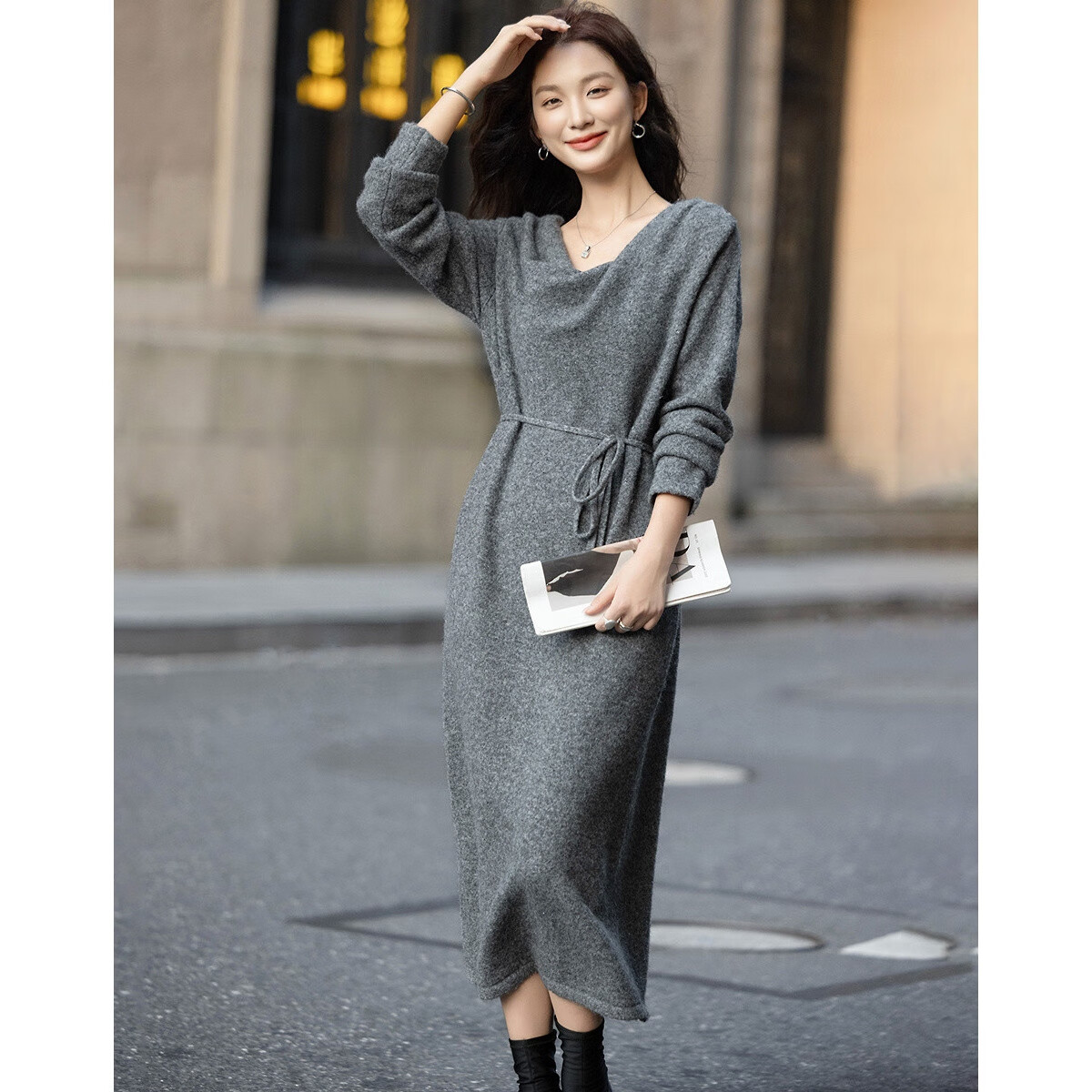 Demana [Quiet Luxury Wardrobe] Winter Fluffy Wool Asymmetric Collar Layered Loose Women's Dress