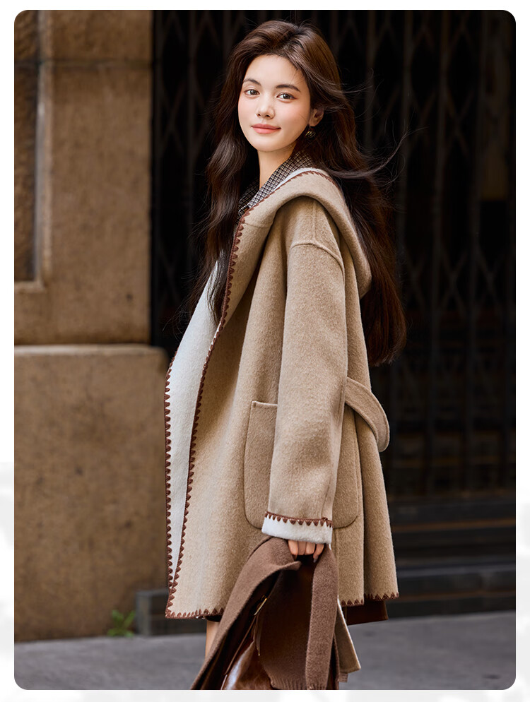 Bailuyu Hooded Wool Blend Double-Faced Woolen Coat 25 Winter New Elegant Fashion Mid-Length Women's Oatmeal XL 5