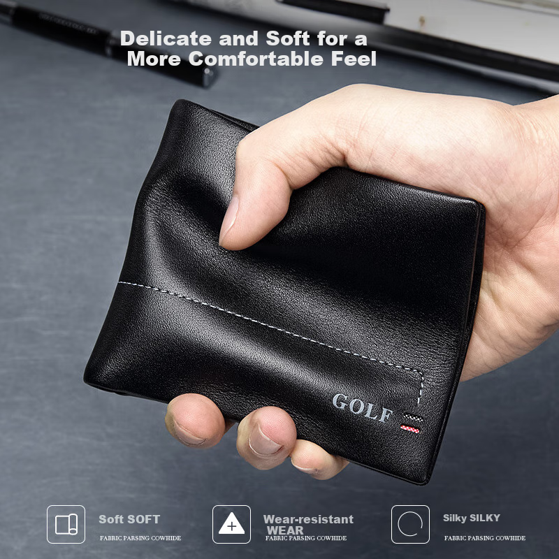 GOLF Men's Wallet, Top-Grain Leather, Horizontal Short Style, Multi-Card Slots, Card Holder, Leather Billfold, Coin Purse, ID Holder, Gift Box Packaging
