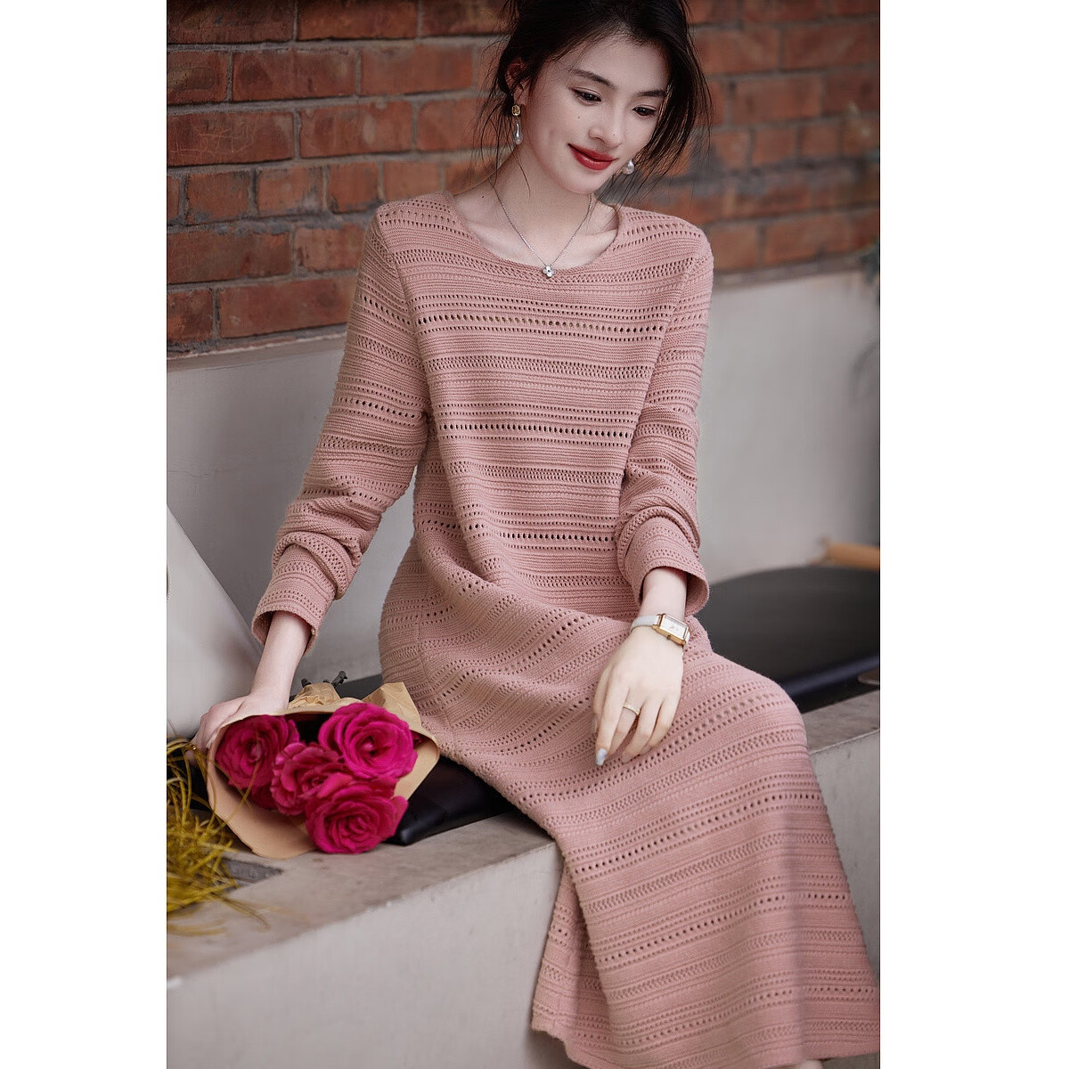 Demana Breathable Knit Dress Spring Autumn French Vintage Hollow Out Round Neck A-Line Comfortable Slimming Women's Dress