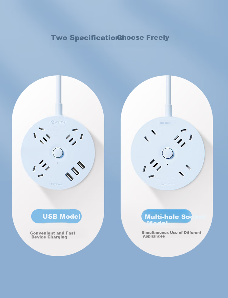 BULL Power Strip/surge Protector/power Bar/power Outlet/extension Cord, Round Socket with Master Switch, Total Length 1.8 Meters, Sky Blue, GN-R2220 6
