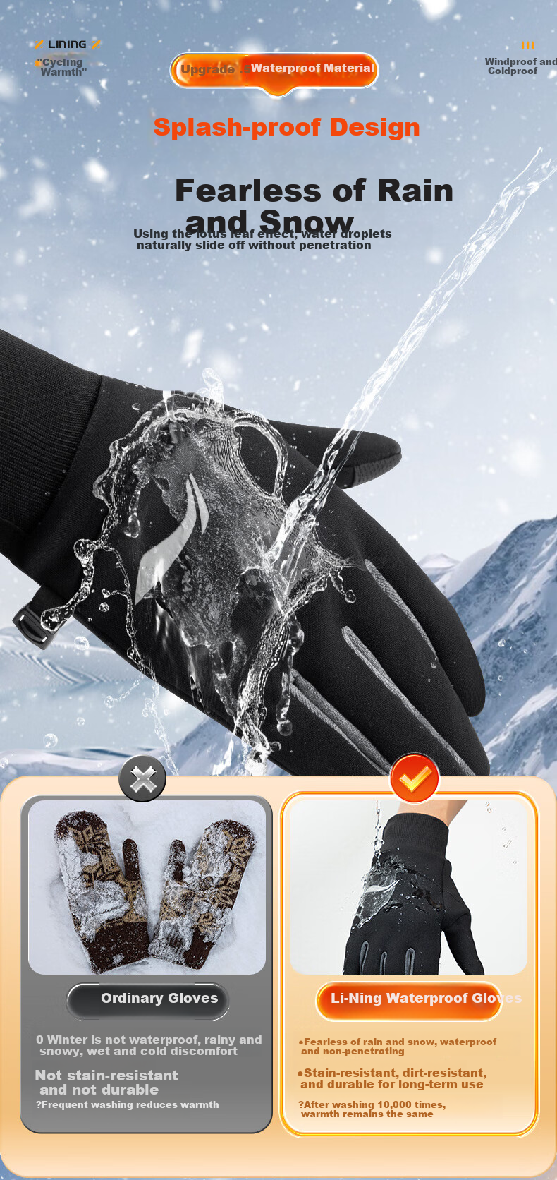 Li-Ning Cycling Gloves, Winter Warm Windproof Cold-Resistant, for Bicycle Riding, Leather Outdoor Sports Touchscreen Training Gloves, Full-Finger 7