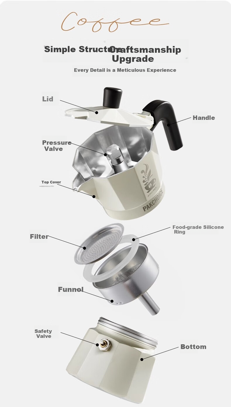 TEOTM Moka Pot with Dual Valves, Home Italian-Style Dual-Valve Moka Pot, Small Electric Ceramic Stove Pour-Over Coffee Maker Set 5