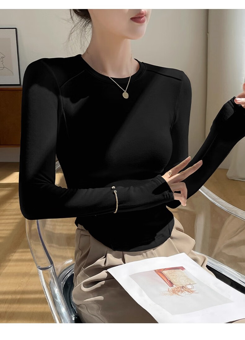 La Chapelle Crew Neck Fleece Thickened Curved Hem Herringbone Inner Layer Autumn Winter Slim Fit Long Sleeve T-Shirt Women Off-White M 11