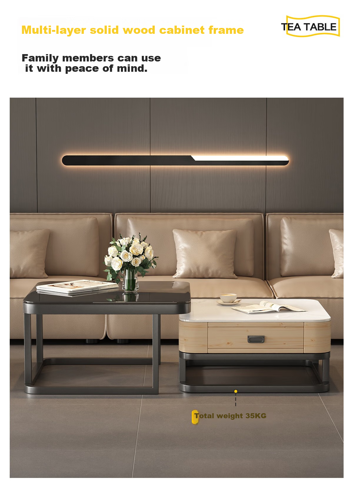 Qianxihuafu Coffee Table, Living Room Side Table for Small Apartments, High-End Light Luxury, 2026 Square Rock Slab Coffee Table, White And Gray Glass Top 8