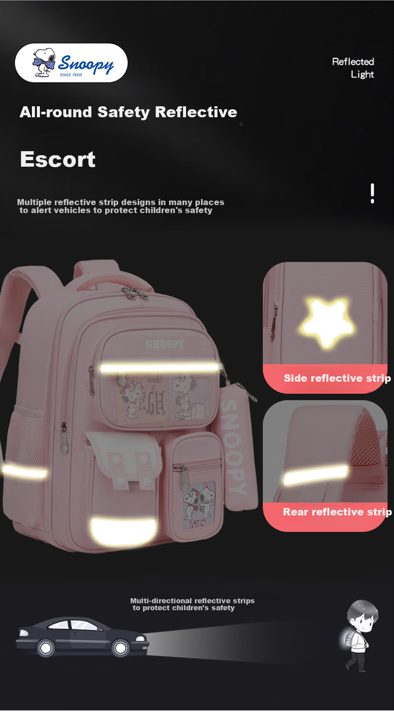 SNOOPY Elementary School Backpack Lightweight Children's Spine-Protecting Load-Reducing Shoulder Bag for Grades 4-6, Large Pink Size 7