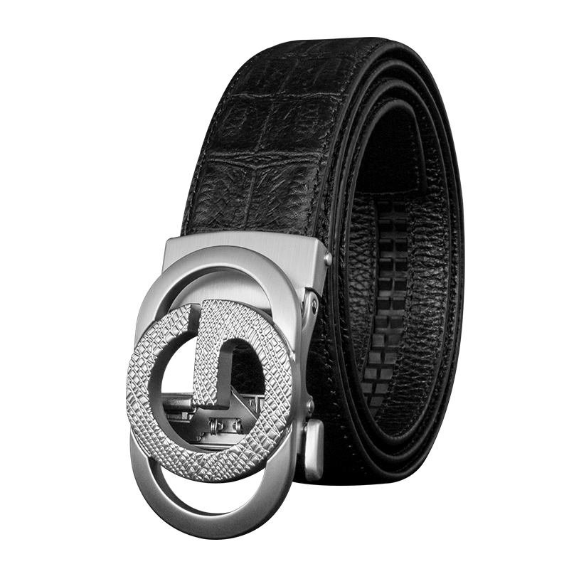 COW Men's Leather Belt Gift Box Set First Layer Cowhide Casual Crocodile Pattern Automatic Buckle Genuine Leather Belt 901 Silver