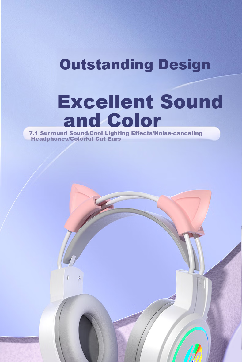HP H100 Gaming Headset with Microphone for E-Sports, Black Myth: Wukong, Office Work, Study, And Multi-Purpose Use - White USB Interface Cat Ear Set 1