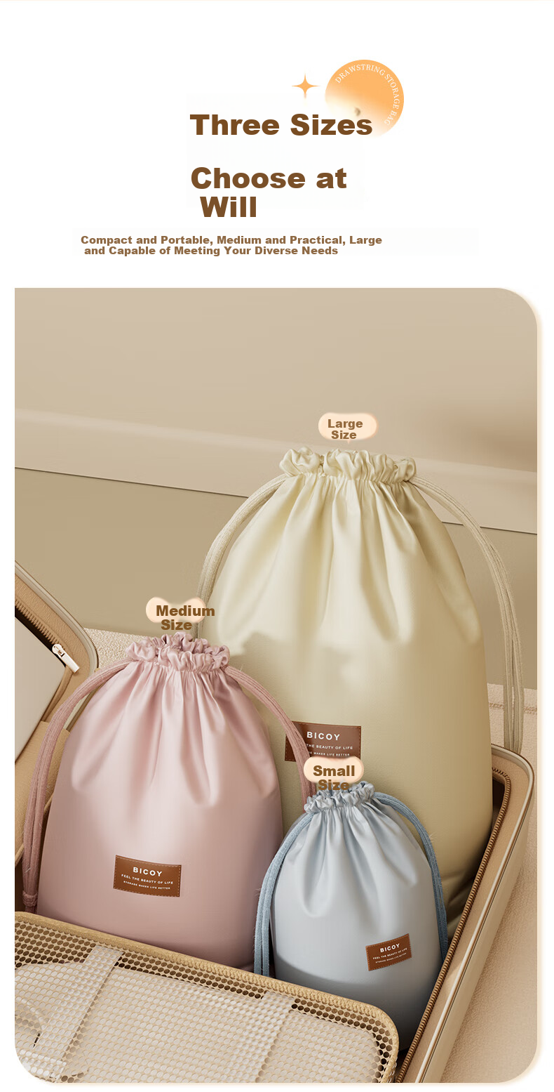 Baicaoyuan Travel Storage Bag with Drawstring, Portable Garment Organizer for Business Trips, Luggage Dust-Proof Large Medium Small Set of 3 4
