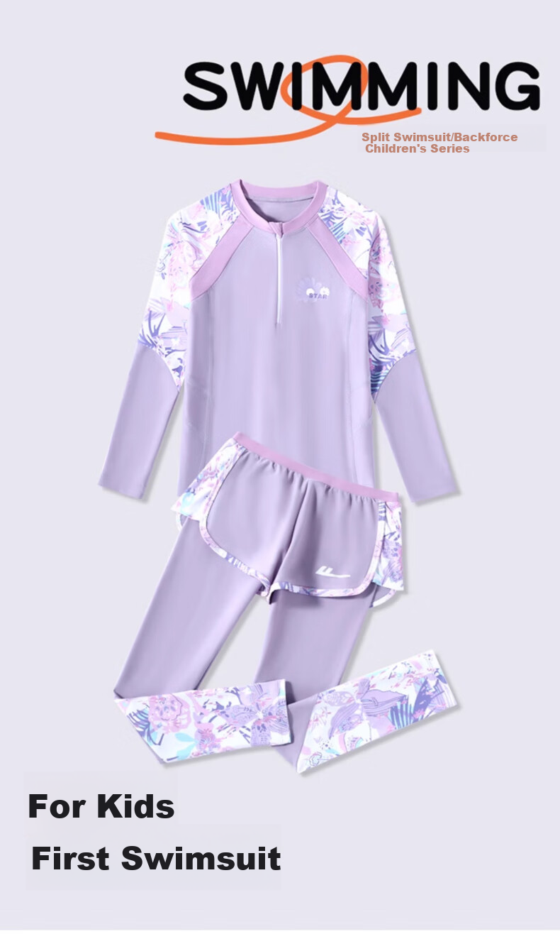 Huili Children's Swimsuit, Girls' Long-Sleeve Swimwear, for Older Kids And Girls, Two-Piece Swimming Costume 35342H1M, Purple, Size 135 1