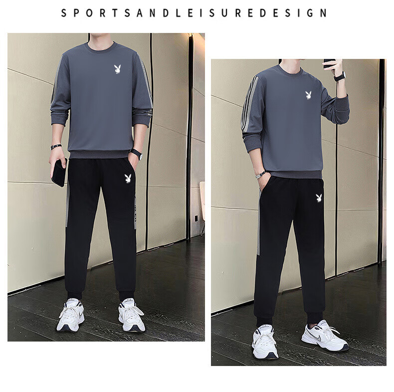 Playboy Men's Long Sleeve T-Shirt and Pants Set Spring Autumn Casual Sports Two-Piece Black L 19
