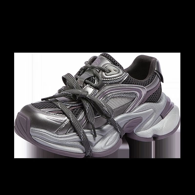 CAMEL Silver Star Dad Sneakers Women Mesh Splicing Thick Sole Height Increasing Casual Shoes L26S283083 Gun/Purple 38
