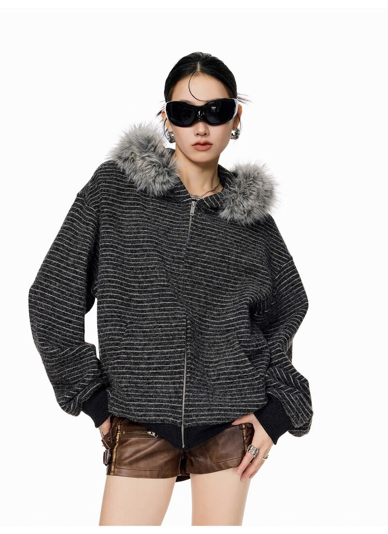 ICH MODE Women's American Style Hooded Striped Jacket with Fur Collar Autumn Winter New Zip-up Sweatshirt Cardigan Black M 15