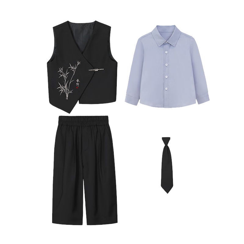 LUOBOBEIBEI Children's Suit New Chinese Style Boys' National Style Vest Flower Boy Formal Dress Performance Outfit Black Four-Piece Set 150
