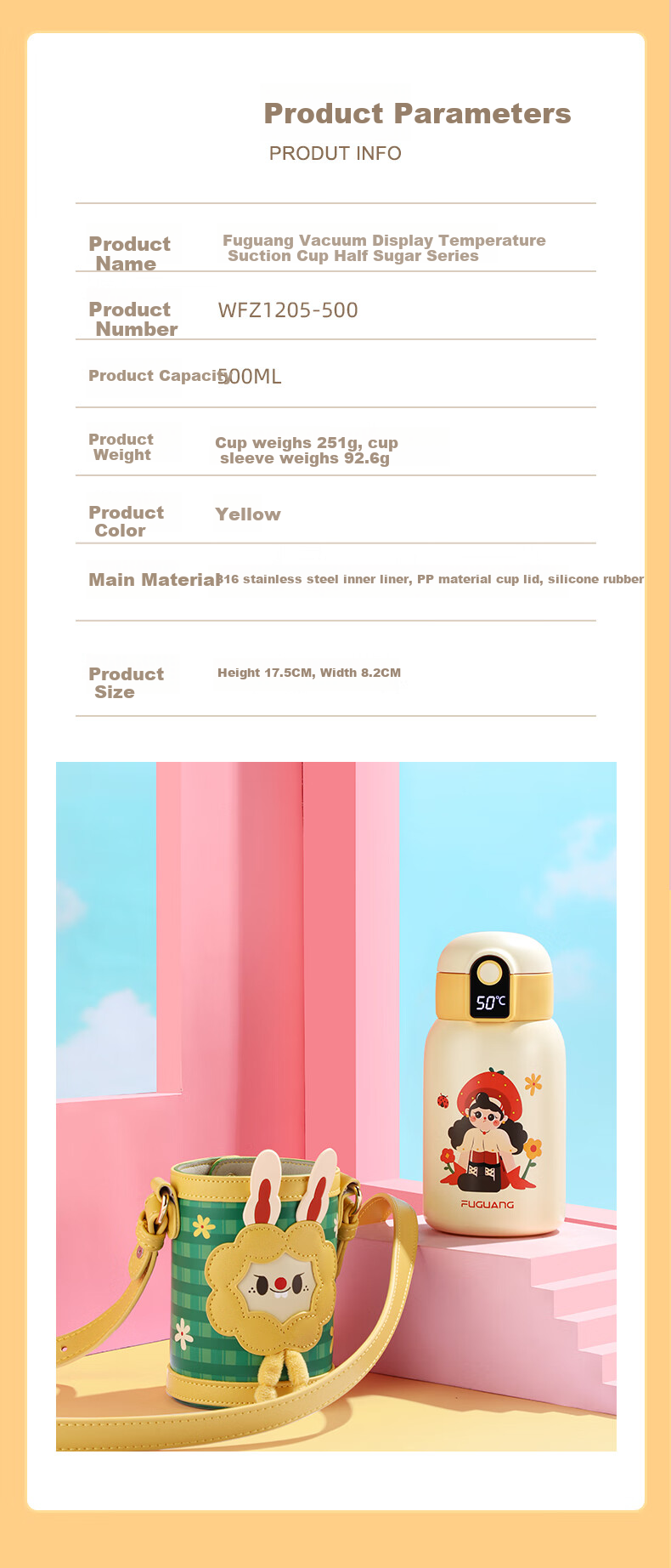 Fuguang Insulated Mug, Cute Large Capacity Temperature Display Thermos Cup for Women, Stylish Straw Water Bottle, Portable Tumbler for Students 12