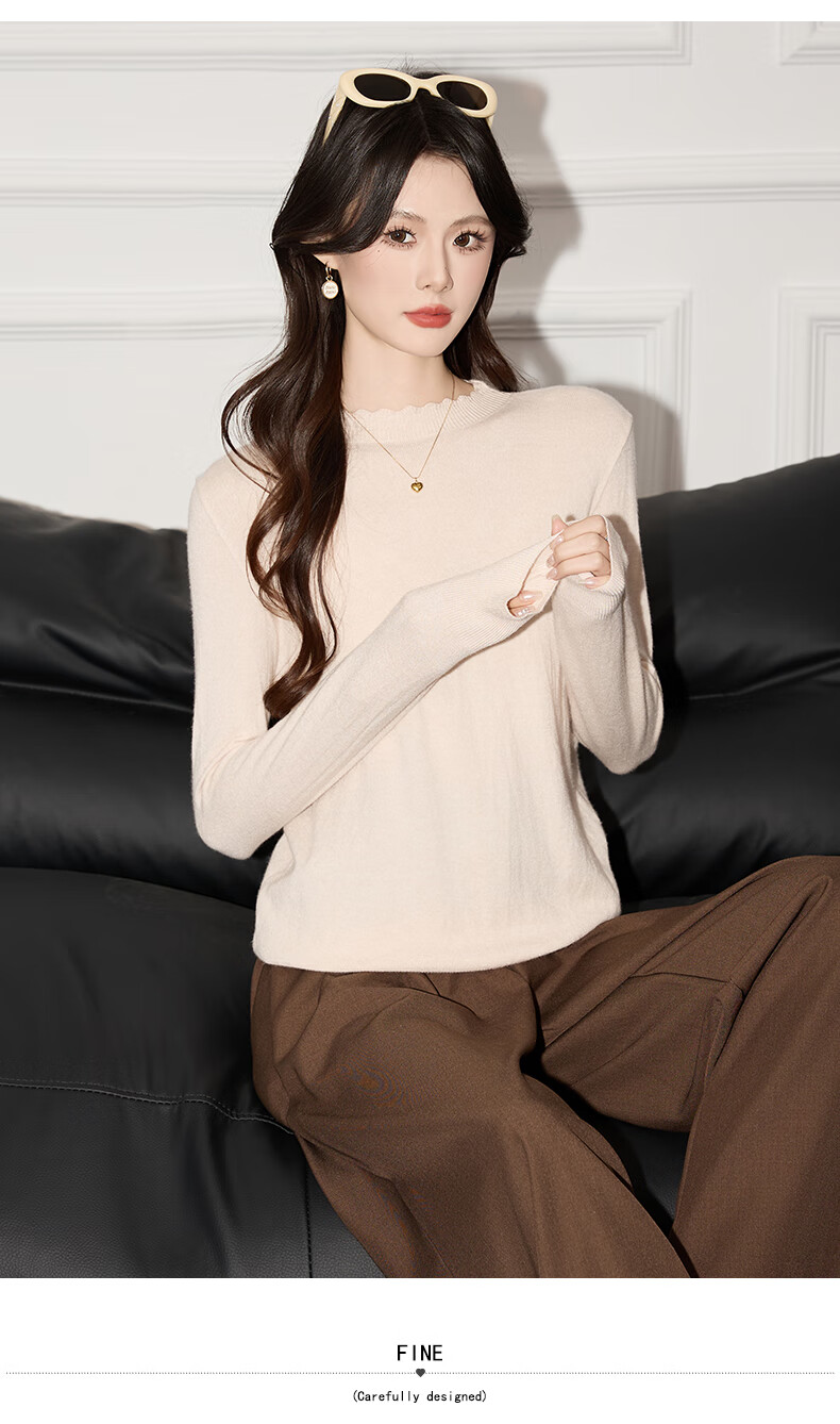 Jeanswest Women's Summer Soft Knit Casual Long Sleeve Lace Trim Round Neck Camel One Size Top 13