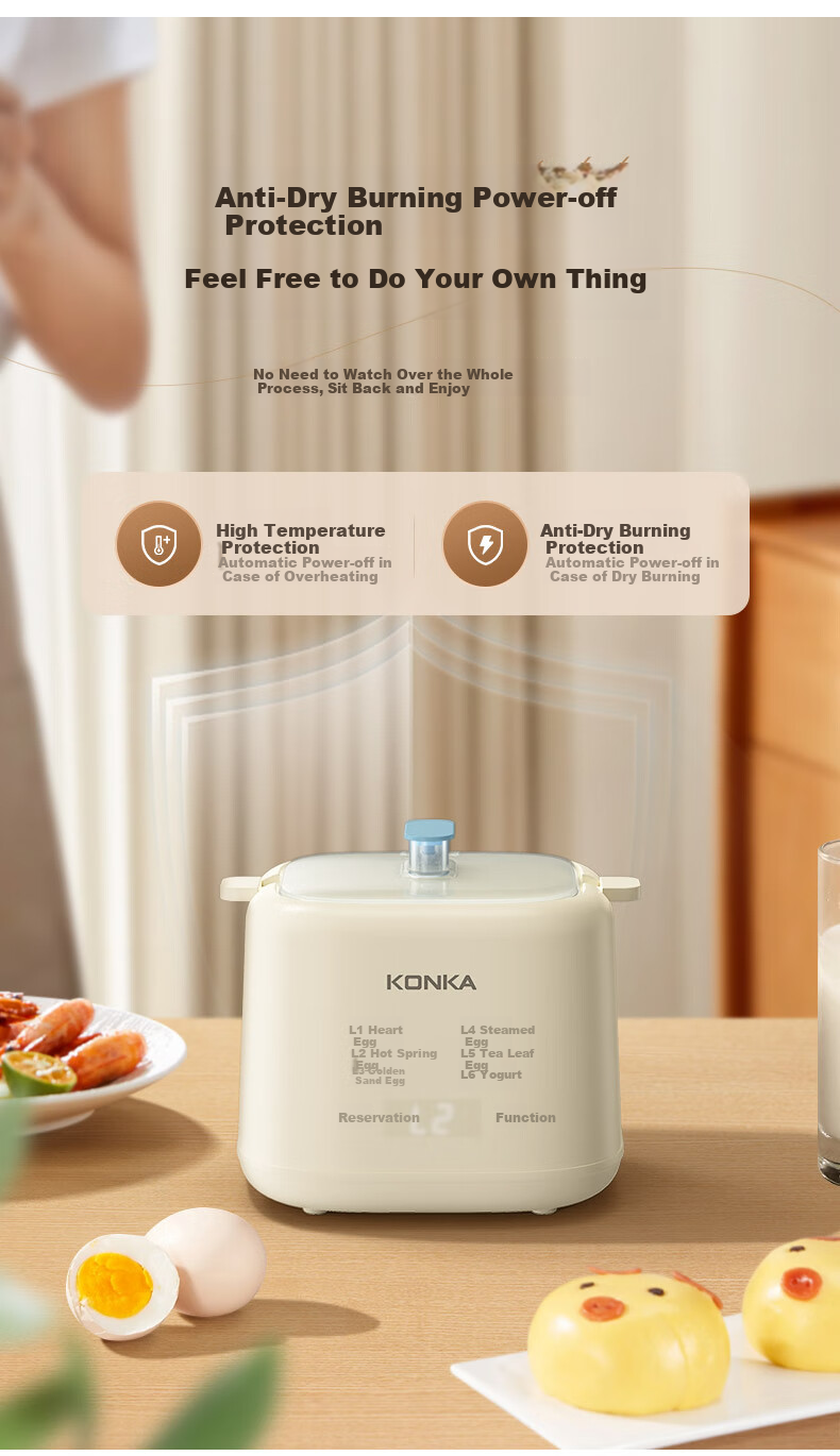 KONKA Egg Cooker, Compact Multifunctional Mini Electric Steamer, Single And Double Layer Breakfast Maker, All-In Egg Custard Machine for One Person, Home Steamer KZDQ-0303 15
