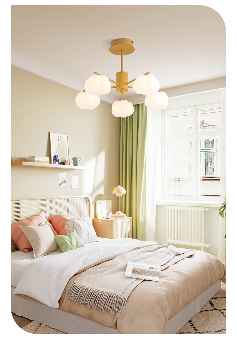 OPPLE Wood Cream Style Pendant Light with Smart Dimming for Living Room, Bedroom, Dining Room, Eye Protection And Gentle Light, Cream Bubble Design with 5 Heads 2