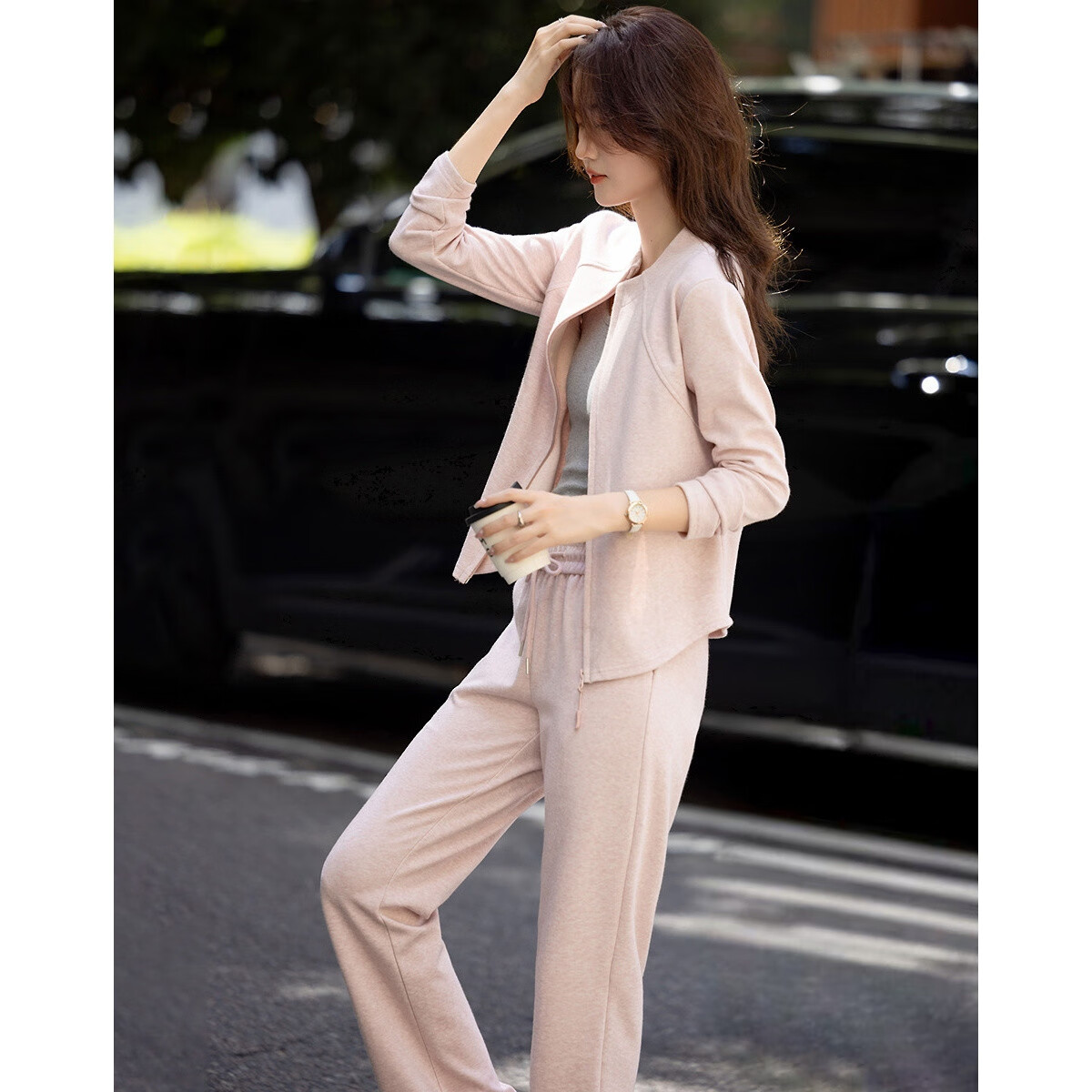 Demana Light Sports Set Autumn Korean Style Stand Collar Long Sleeve Top Elastic Waist Spliced Pants Women's Two-Piece Set