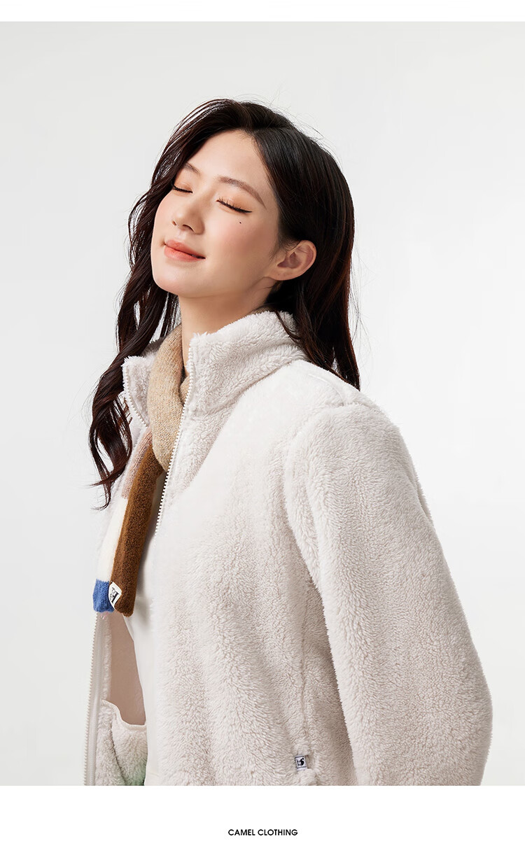 CAMEL Outdoor Fleece Jacket Long Sleeve Thickened Fleece Stand Collar Zip-up Fleece Coat Cold-resistant Jacket 5175A Light Frost White M 18