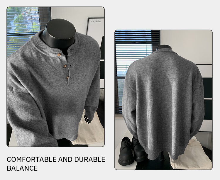 Homlean Old Money Henry Collar Knitted Sweater Men High-End Lazy Style Casual Versatile Top Autumn HC19 Dark Gray 2XL 4
