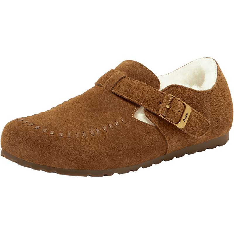 Bata Birken Fur Women's Winter 2025 British Style Cow Split Leather Flats 252MMDA5 Brown Size 38