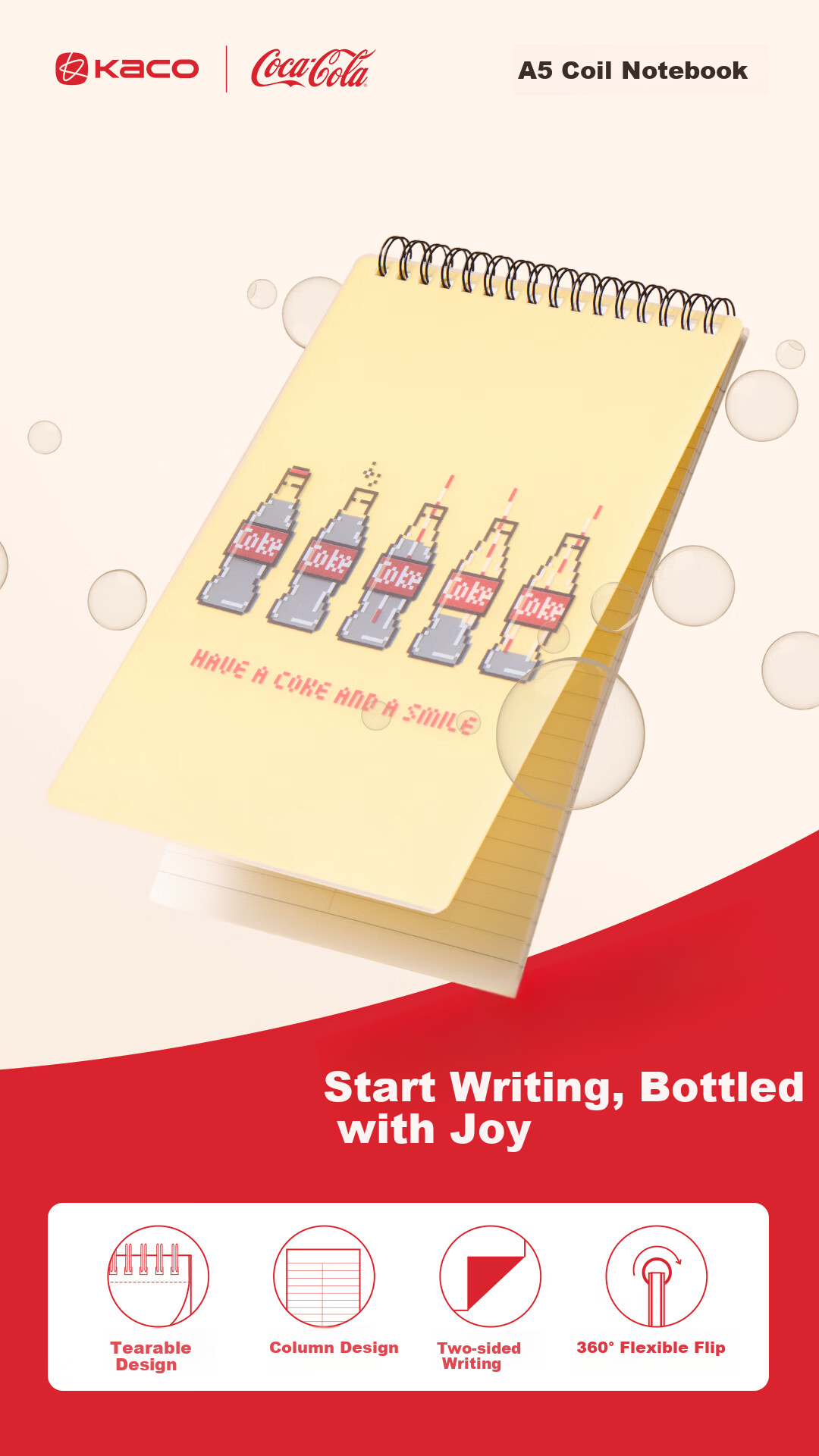 KACO A5 Spiral Notebook, Vertical Flip, Coil PP Cover, Quick Note-Taking, 7mm Center Column Line, 60 Pages/book, 1 Book, Happy Drinking 7