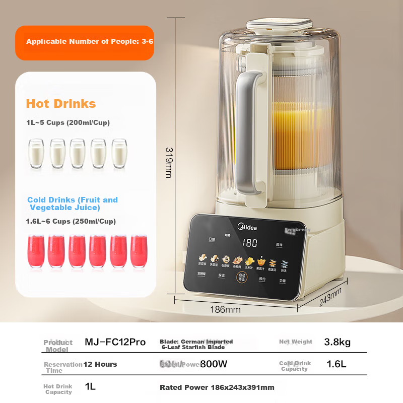 Midea Sleep 2.0 Variable Frequency Non-Coated Blender, 1.6L Fully Automatic Multifunctional Food Processor Juicer Baby Food Maker, for 3-5 People, Golden List Subsidy, FC12Pro