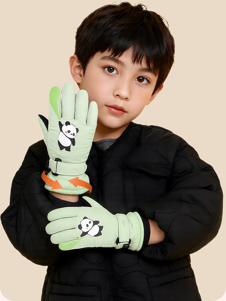 ANTA Kids Winter Thermal Gloves Cold-Resistant Ski Gloves for Boys and Girls, Fleece-Lined Thickened Outdoor Anti-Freeze Five-Finger Gloves, Green M 12