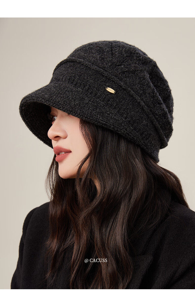 CACUSS Pure Wool Knit Hat Women Winter Warm Woolen Cap Large Head Circumference Slim Face Cold Hat Winter Beanie Slouchy Hat for Women 3