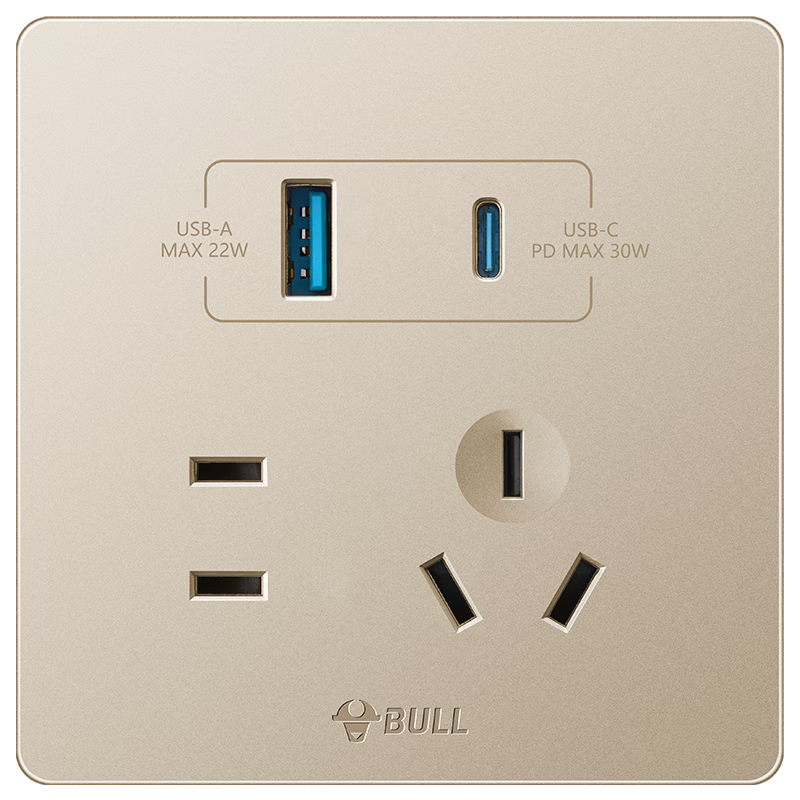 BULL Switch Socket G12 Series Five-Hole with USB+Type-C, 30W Fast Charging, Cream Style G12E537 Starry Gold
