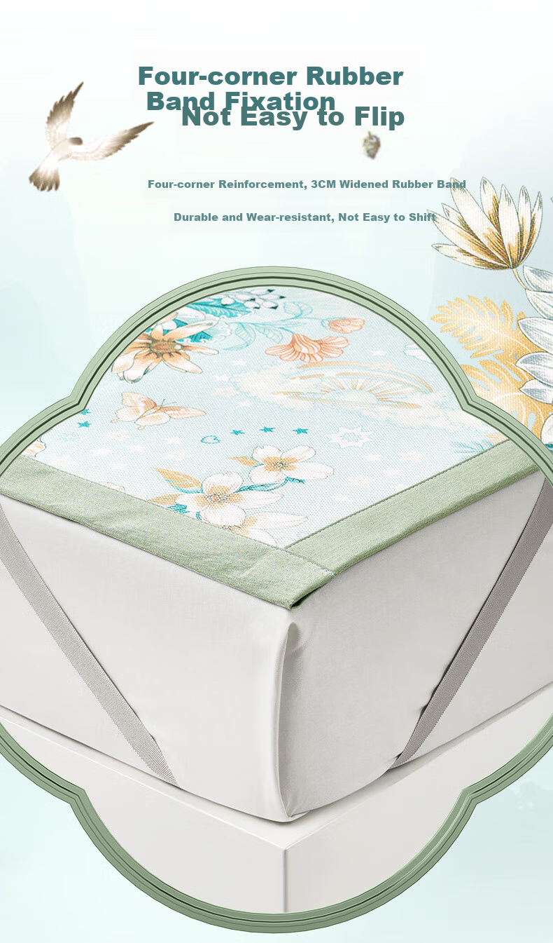 FUANNA Qingge Ice Silk Cooling Mat, Cool-Feeling Printed Soft Mat, Double Size, Three-Piece Set, Green 1.8*2 Meters [Washable] 10