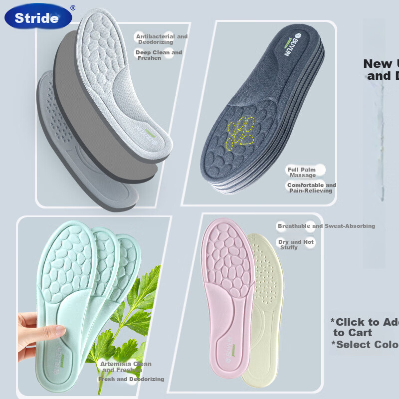 Buyun Shoe Insoles, Odor-Resistant, Shock-Absorbing for Men And Women, Deodorizing, Sweat-Absorbing, Breathable, Non-Slip for Leather Shoes And Military Training Shoes, Massage Function, Odor Elimination, 4 Pairs