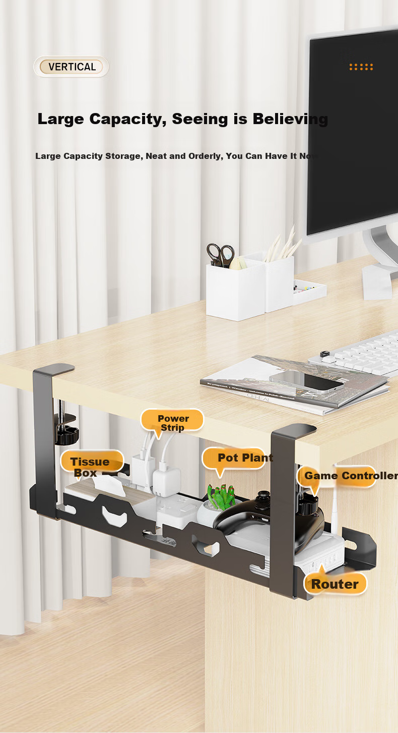 Beishi Under-Desk Cable Management Organizer, Cable Tray for TV And Monitor, No-Drill Desktop Cable Holder, Power Strip And Router Storage Solution, Black Single-Layer Extendable Model 5