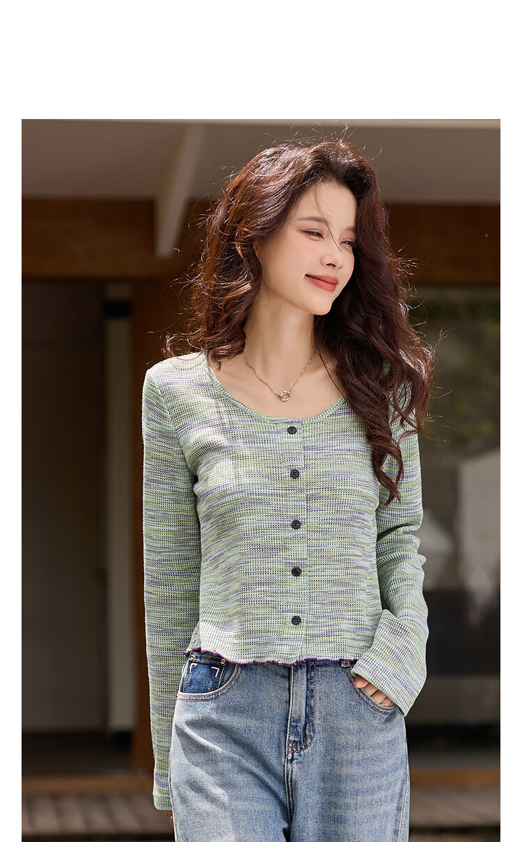 Dme Autumn Artistic Gradient Vintage Round Neck Ruffled Edge Elegant Women's T-Shirt with Moisturizing Cloud Cotton 1