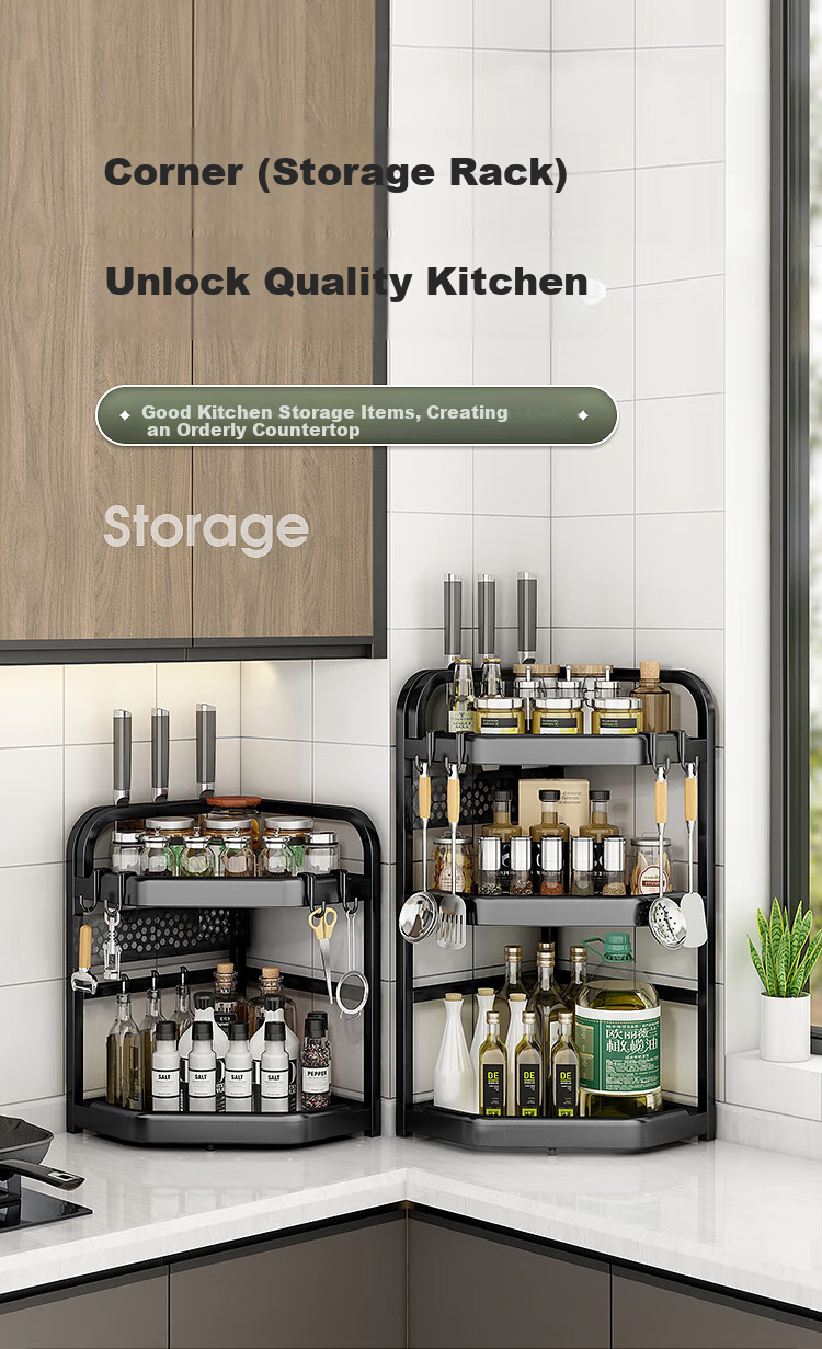 Jiuqiangu Corner Spice Rack, Kitchen Storage Shelf, Seasoning Bottle Holder with Hooks, Large Capacity Countertop Organizer Basket 6356 1