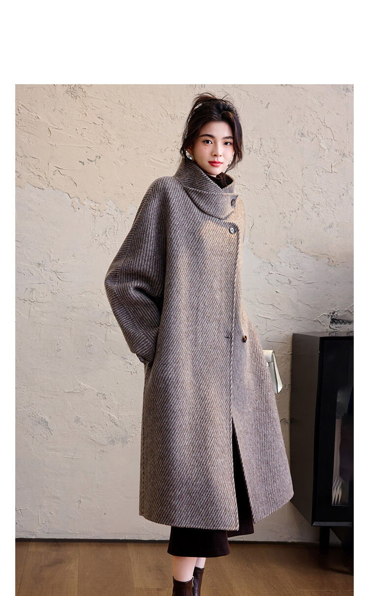 DME [Kochi University Female Lead] Winter Sheep Wool Diagonal Stripe Double-Sided Wool Coat Stand Collar Long Women's Woolen Overcoat 1