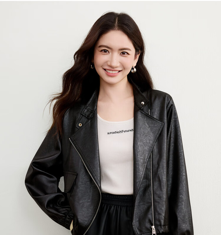 Sentubila Women's Casual Asymmetric Zip-Up Stand Collar Jacket Autumn Loose Slim Leather Texture Cardigan Drawstring Top 6