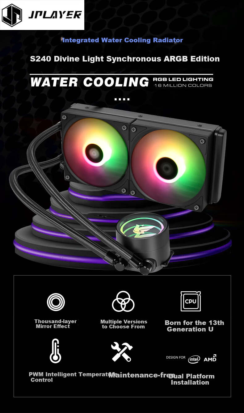 JPLAYER 240 All-In Liquid CPU Cooler with ARGB Lighting Sync, PWM Temperature Control (Pre-Installed Fan Cable/Supports Intel AMD All Platforms Thermal Dissipation 240W) 1