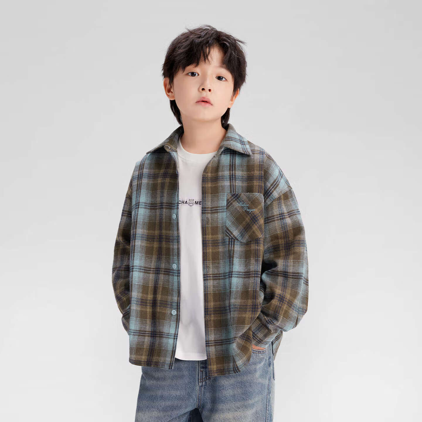 Zuo Xi Boys' Plaid Shirt 2025 New Children's Long Sleeve Shirt Autumn Boys' Jacket Coffee Color 110