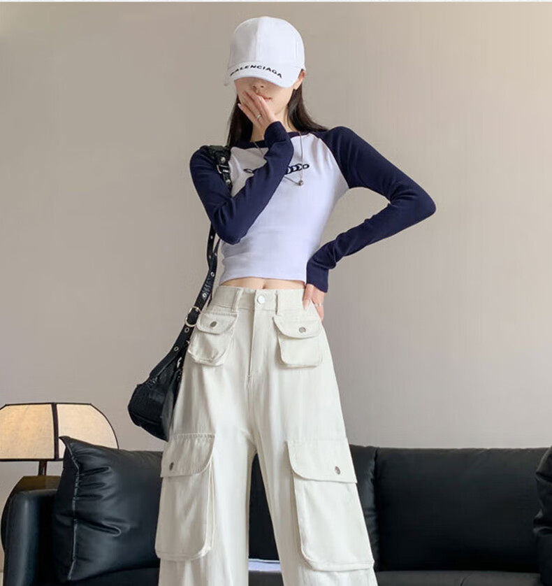 Langsha Women's Workwear Casual Cotton High-Waist Straight-Leg Trendy Pocket Wide-Leg American Style Spring Pants 19