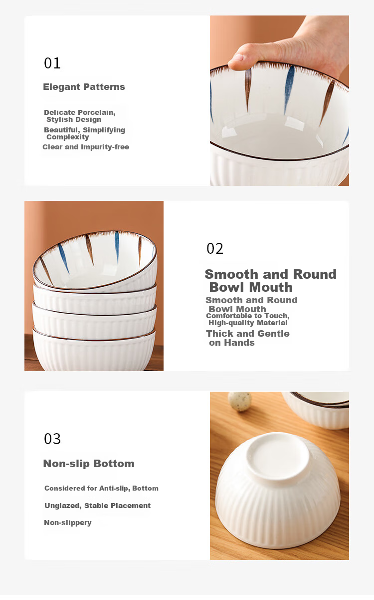 Hechuanwu Ceramic Bowls Japanese Underglaze Color 6-Inch Noodle Bowls Home Rice Bowl Set 4-Piece Set Lantingxu 3