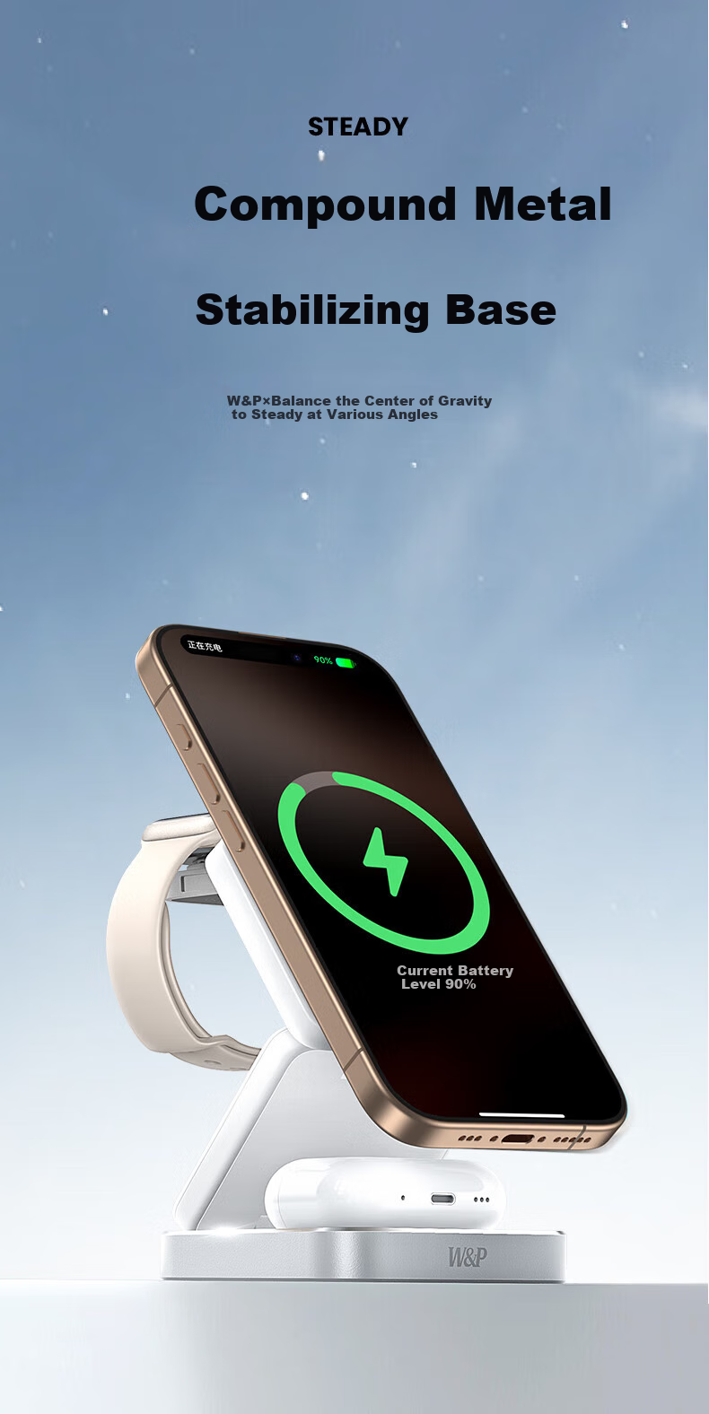 W&P Apple Wireless Charger 3-in-1 Magsafe Magnetic 15W Stand Fast Charging for iPhone 17/16 Pro Max AirPods Earphones iWatch Watch WP 7