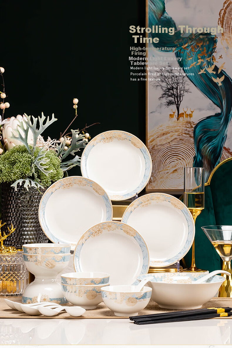 Haoya 24-Piece Bowl And Plate Set, Jingdezhen Ceramic Tableware Set, Bowls, Plates, Dishes, And Utensils Set, Timeless Journey 1