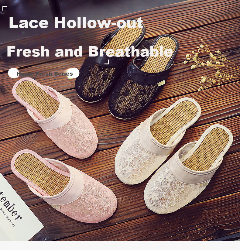 Hengyuanxiang Hollow Lace Linen Slippers for Women, Summer Office Indoor Home Use Breathable Closed-Toe Sandals, Beige 35-36 1