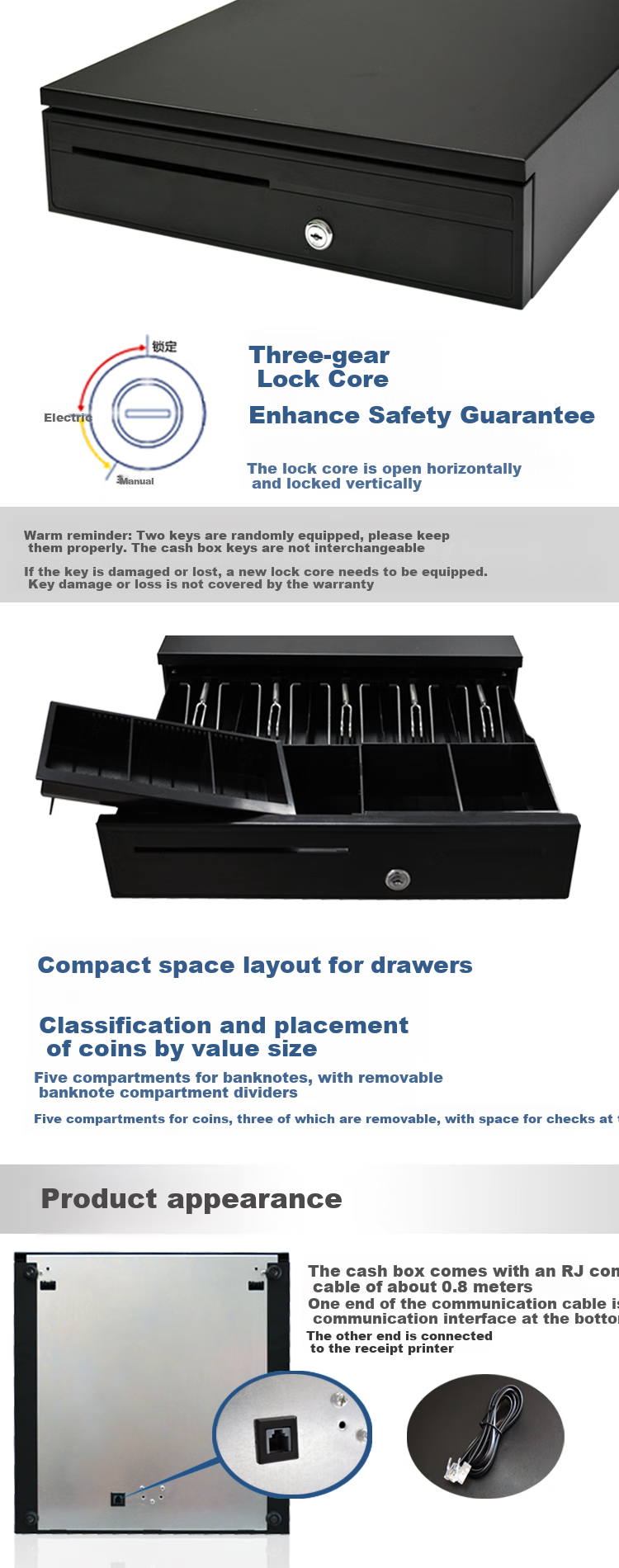 Haoshun (Hysoon) HS-405 Cash Drawer with Five Compartments And Three Levels, Independent Key Locking, Cash Register Cash Box RJ11 Crystal Connector (12V Black) 5
