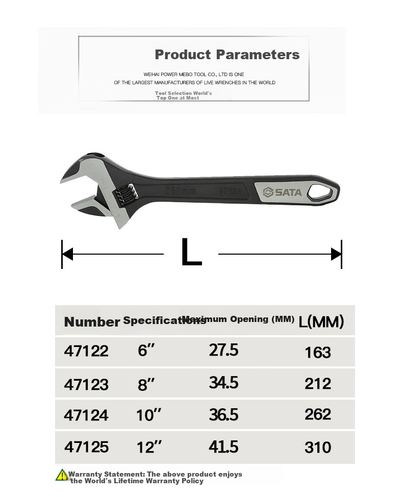 SATA 47125 Large Open-End Adjustable Wrench, 12" 6