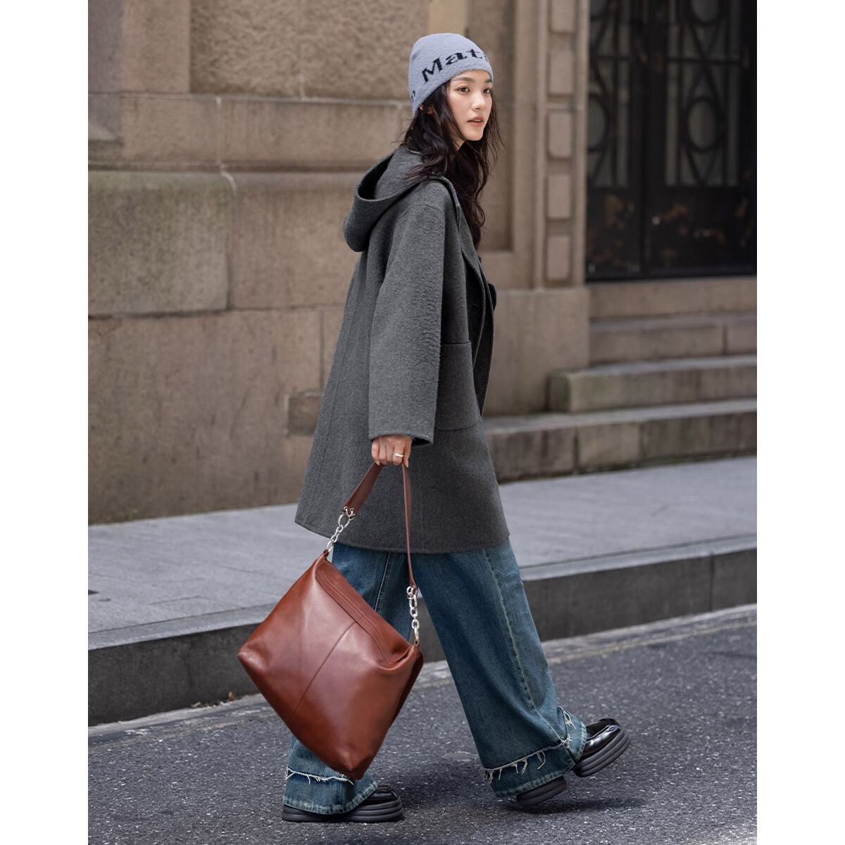 Demana College Style Winter Hooded Long Sleeve Mid-Length Wool Coat with Front Pockets and Open Placket